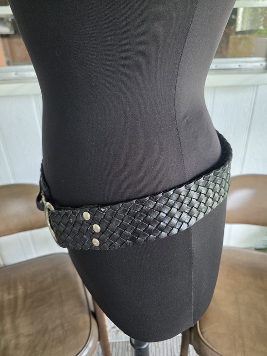Vintage Y2K Braided Black Woven Leather Belt Silver Ring Buckle Festival Vibes main image 10
